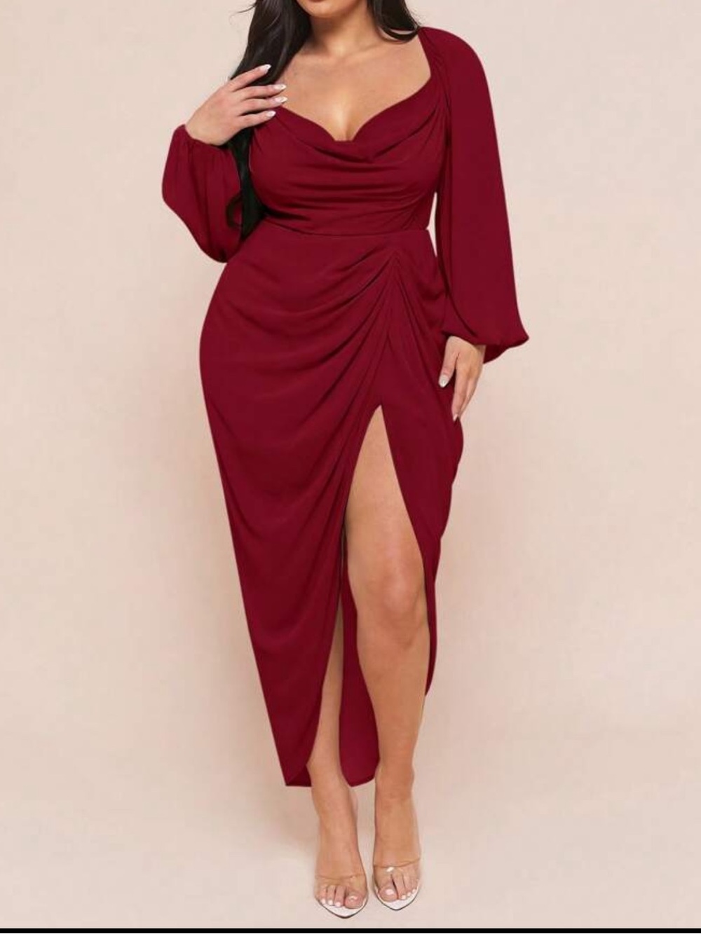 Elegant Burgundy Draped Midi Dress with Side Slit